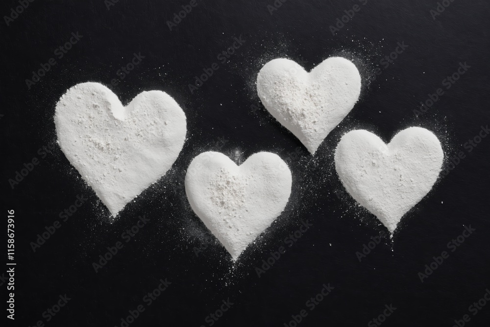 Four white heart shapes on black surface Four white heart shapes on black surface