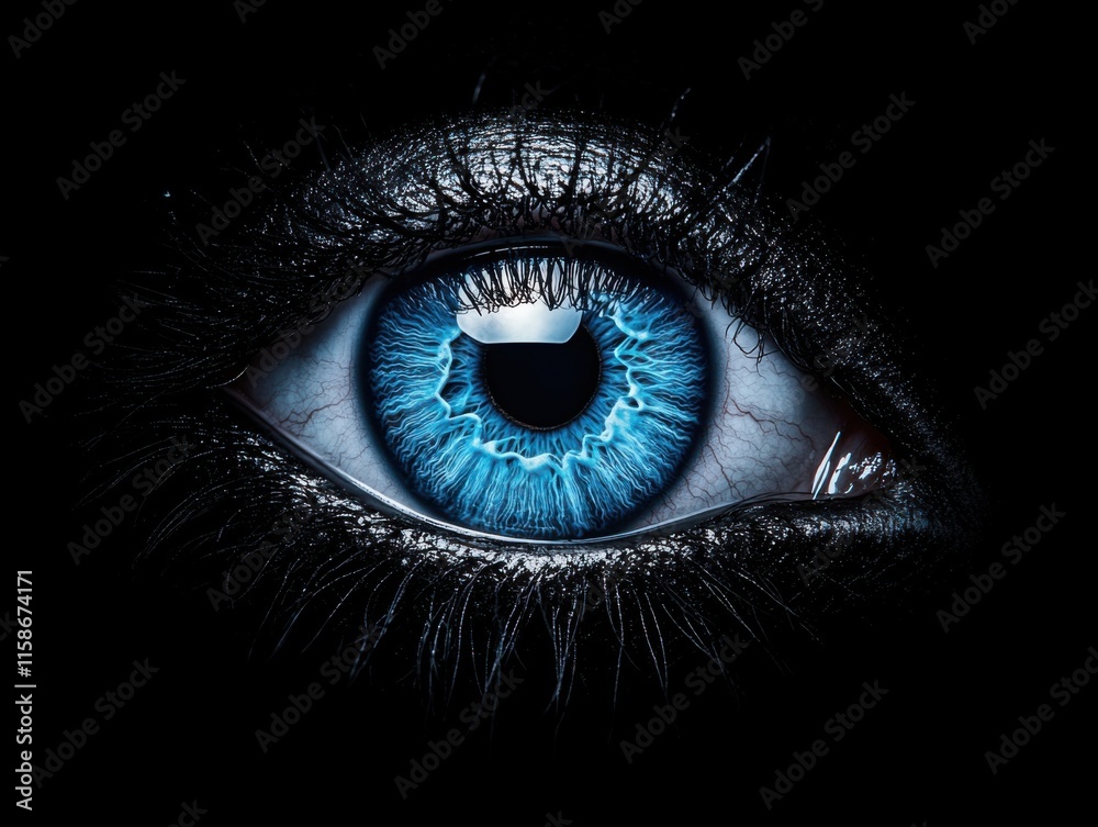 A striking, abstract image of a blue human eye against a black background, resembling a cosmic scene with intricate patterns. A striking, abstract image of a blue human eye against a black background, resembling a cosmic scene with intricate patterns.