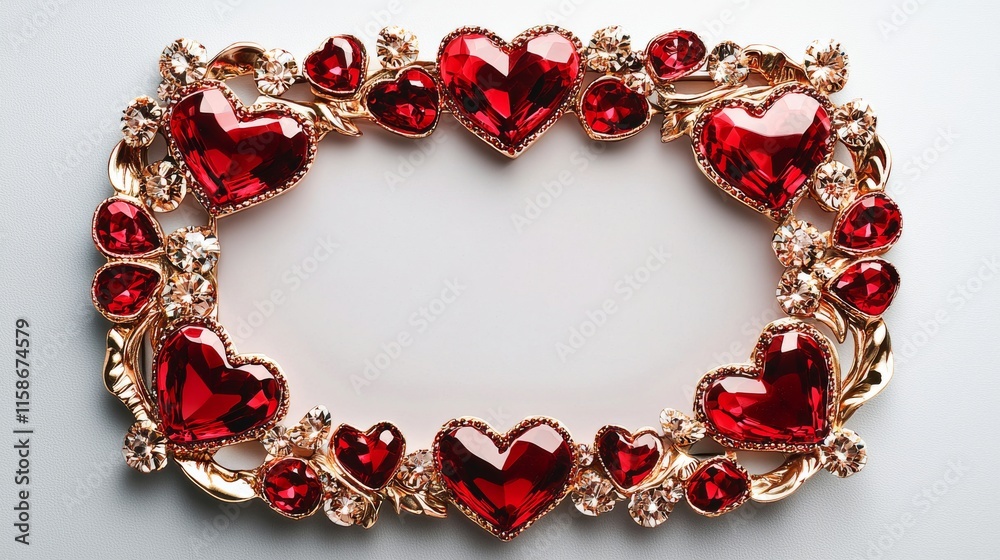 A decorative frame adorned with red heart-shaped gems and sparkling stones, creating a romantic and elegant display for photographs or art. A decorative frame adorned with red heart-shaped gems and sparkling stones, creating a romantic and elegant display for photographs or art.
