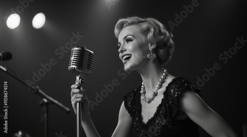 Black and white photo of a vintage jazz singer with a retro microphone, exuding classic glamour and elegance on stage. 