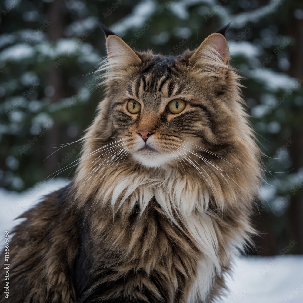 A Norwegian Forest Cat with a thick coat standing proudly. A Norwegian Forest Cat with a thick coat standing proudly.