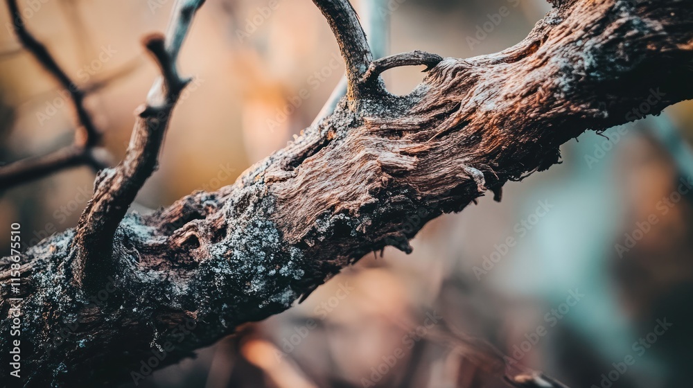 Close-up of a textured, gnarled tree branch with lichen. Close-up of a textured, gnarled tree branch with lichen.