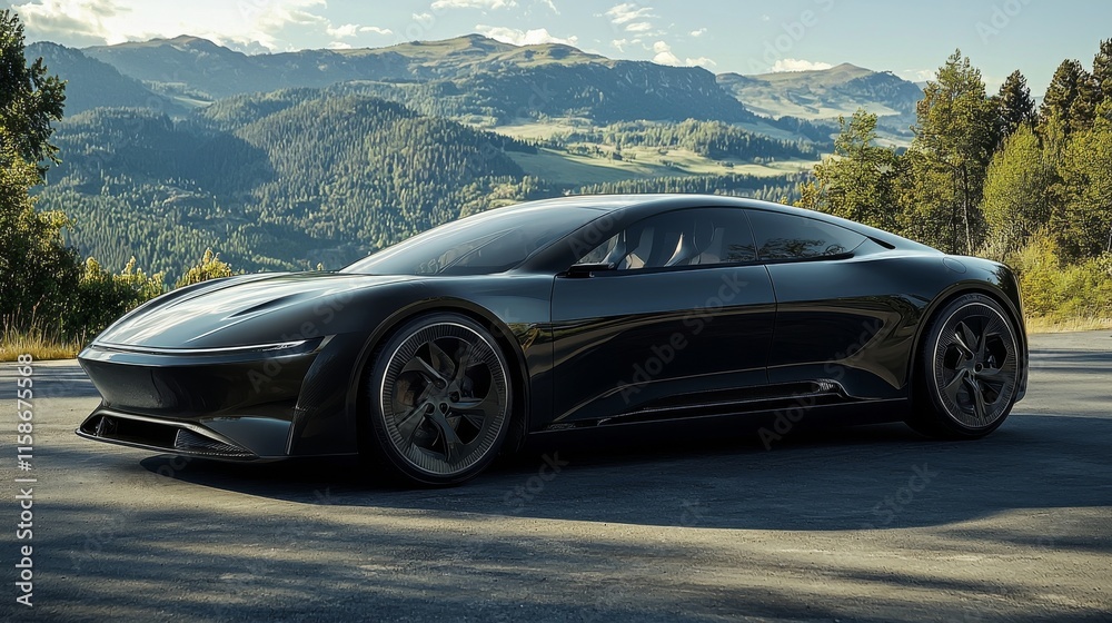 Naklejka premium A sleek, black sports car parked on a scenic mountain road, showcasing modern design amidst a breathtaking natural landscape.