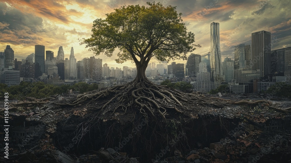 A striking tree stands amid a cityscape, its roots visibly embedded in the ground, symbolizing nature's resilience against urban development. A striking tree stands amid a cityscape, its roots visibly embedded in the ground, symbolizing nature's resilience against urban development.