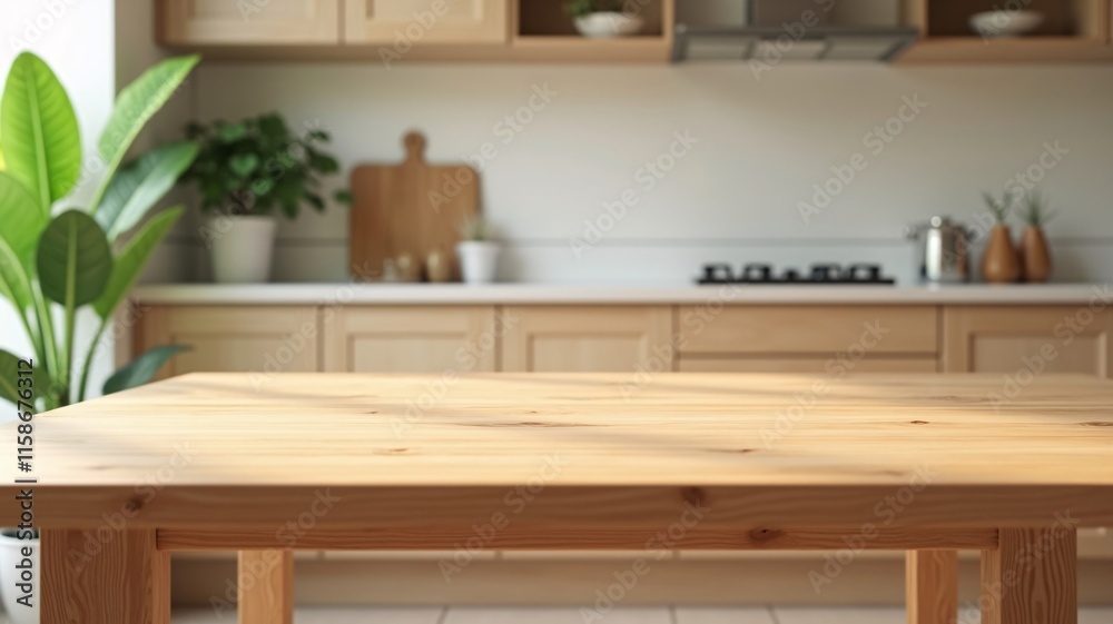 A sleek light wood kitchen table with a smooth surface in sharp focus, set against a blurred minimalist kitchen backdrop with cabinets, countertops, greenery and soft sunlight streaming in.