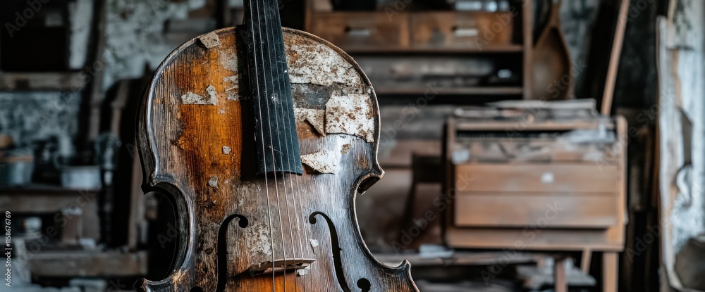 Naklejka premium Damaged violin rests in a forgotten, dusty workshop.