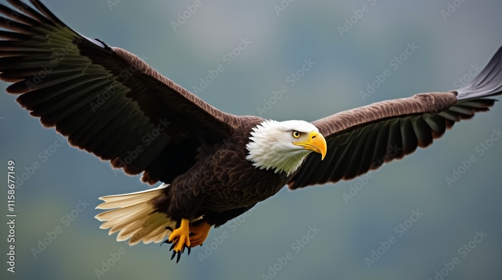 A stunning close-up of a bald eagle in flight, capturing the details of its powerful wings and sharp gaze, illustrating the grace and beauty of this magnificent bird in its element. A stunning close-up of a bald eagle in flight, capturing the details of its powerful wings and sharp gaze, illustrating the grace and beauty of this magnificent bird in its element.