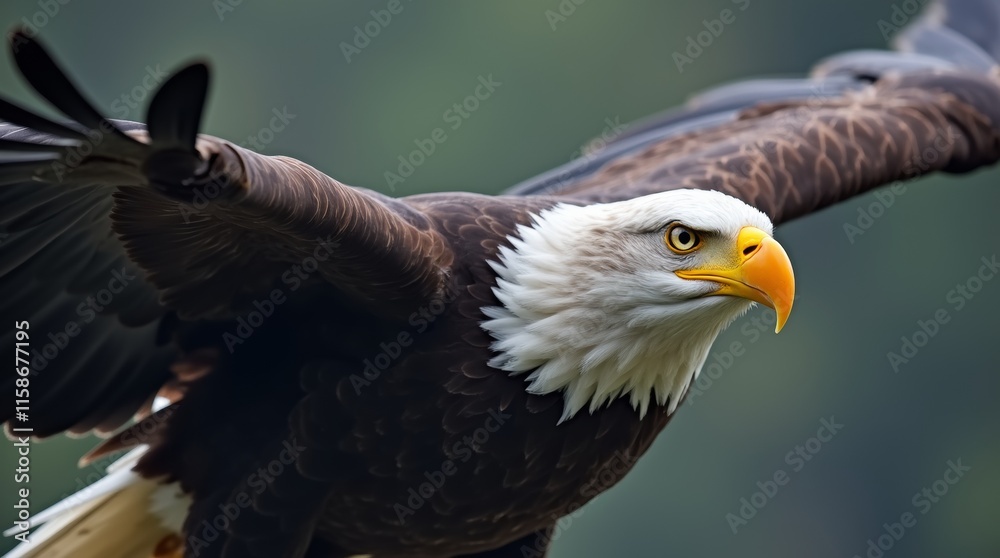Obraz premium A stunning close-up of a bald eagle in flight, capturing the details of its powerful wings and sharp gaze, illustrating the grace and beauty of this magnificent bird in its element.