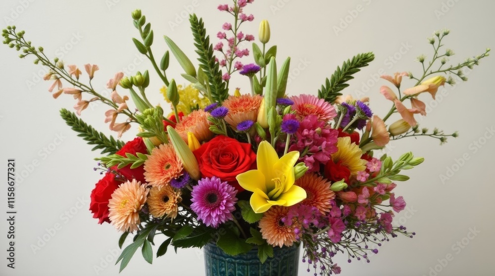 Obraz premium A close-up view of a beautifully crafted floral arrangement, highlighting the intricate details of the flowers and foliage, creating a visually appealing centerpiece that adds charm and elegance to an