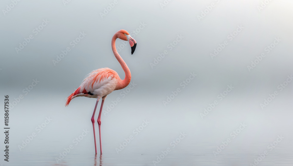 Fototapeta premium A graceful flamingo standing against a misty water background, positioned off-center. The striking pink feathers contrast beautifully with the muted backdrop, creating a minimalist and serene feel.