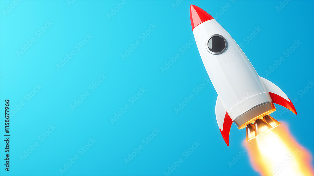 A sleek rocket launching upward against a gradient blue background, symbolizing innovation, aspiration, and the boundless potential of technology, with ample copy space. A sleek rocket launching upward against a gradient blue background, symbolizing innovation, aspiration, and the boundless potential of technology, with ample copy space.