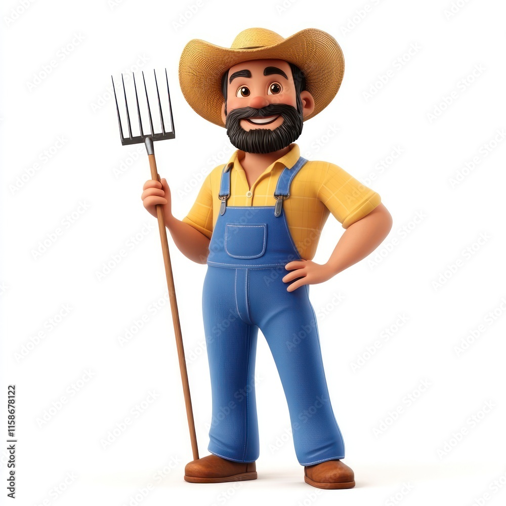 A happy farmer with overalls and a pitchfork. vector style art 3d illustration Isolated on White Background A happy farmer with overalls and a pitchfork. vector style art 3d illustration Isolated on White Background