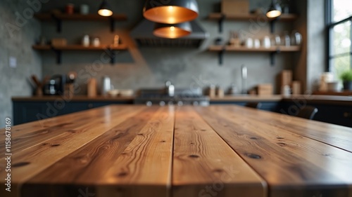 A dark stained wood kitchen table with detailed wood grain and a matte finish, set in a cozy kitchen with wood shelves, soft lighting, and a clean, inviting atmosphere, perfect for product photography