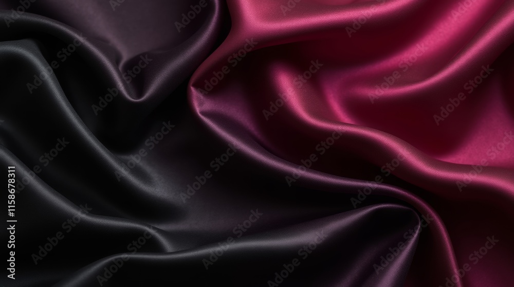 Obraz premium A luxurious background featuring a blend of black, dark gray, purple, and burgundy red silk satin fabric, showcasing elegant drapery with folds and creases that shimmer and shine, perfect for festive 