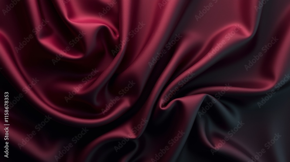 Obraz premium A luxurious background featuring a blend of black, dark gray, purple, and burgundy red silk satin fabric, showcasing elegant drapery with folds and creases that shimmer and shine, perfect for festive 