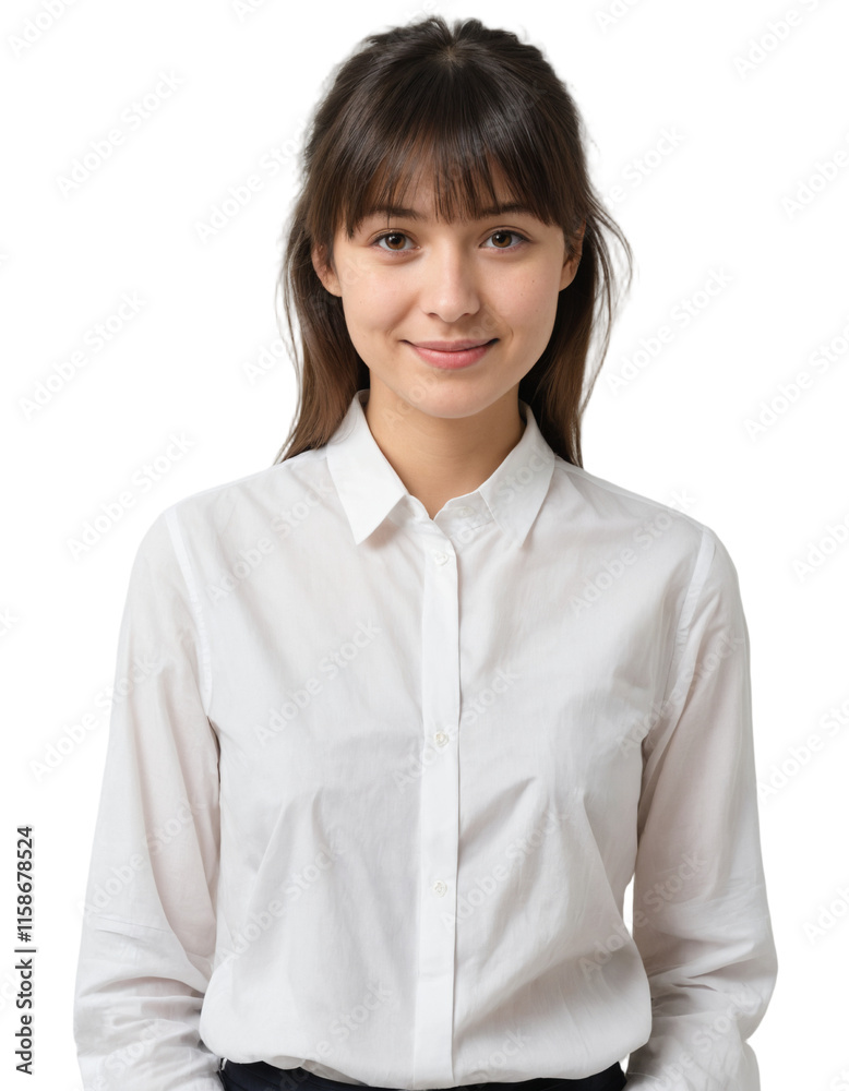 a beautiful girl standing straight confidently with bangs. wearing a white shirt . PNG transparent background. ai generator a beautiful girl standing straight confidently with bangs. wearing a white shirt . PNG transparent background. ai generator