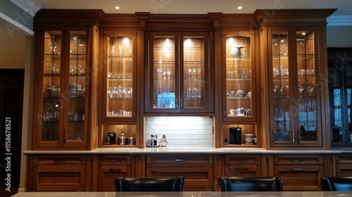 Elegant lighted wooden china cabinet with glass doors, displaying glassware and barware.