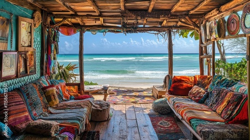 Beachfront bohemian bungalow interior with ocean view, colorful cushions and rugs.