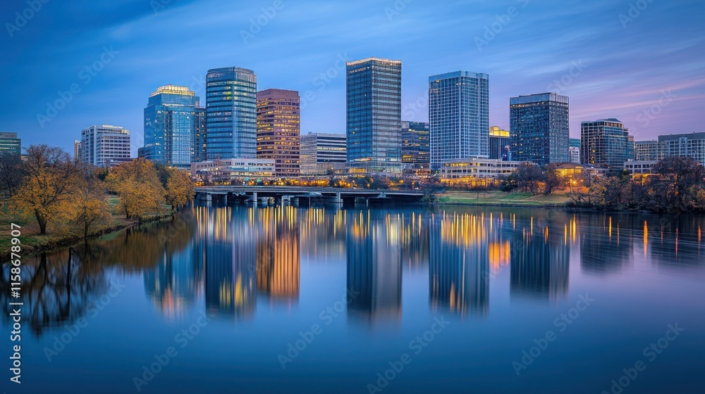 Fototapeta premium City skyline reflecting in calm water at dawn.
