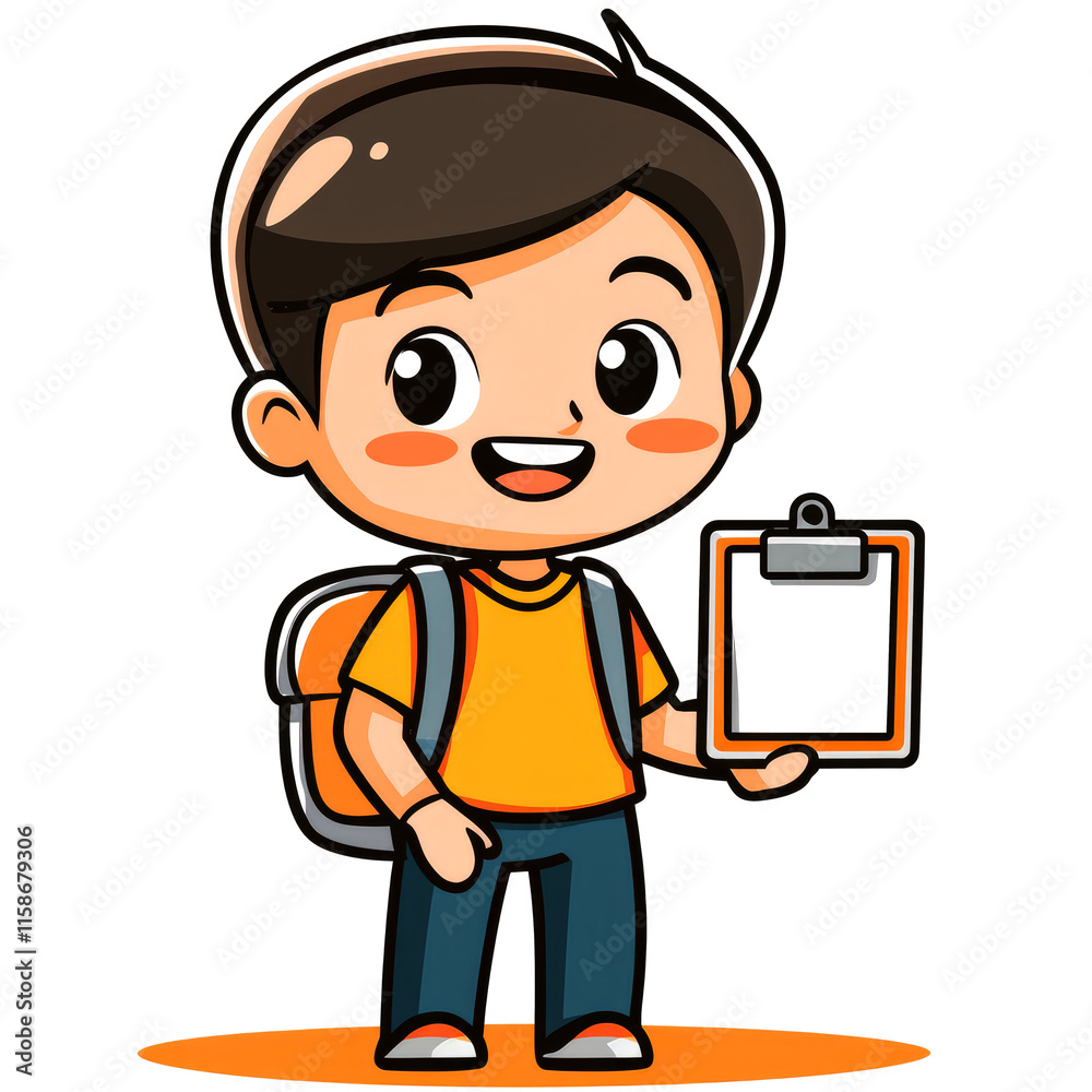 Happy boy with backpack holding clipboard. Happy boy with backpack holding clipboard.