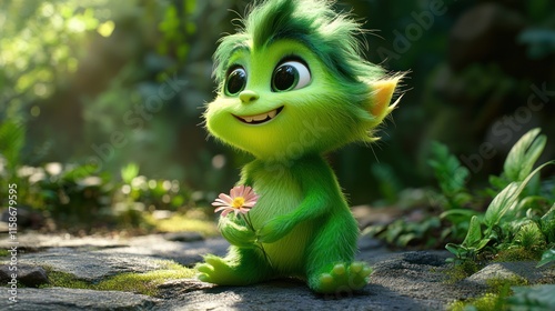 Cute green creature holding flower.