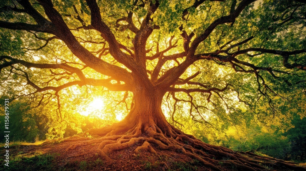 Fototapeta premium Majestic ancient tree at sunset, sunlight through leaves, exposed roots.