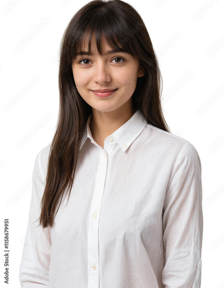 a beautiful girl standing straight confidently with bangs. wearing a white shirt . PNG transparent background. ai generator a beautiful girl standing straight confidently with bangs. wearing a white shirt . PNG transparent background. ai generator