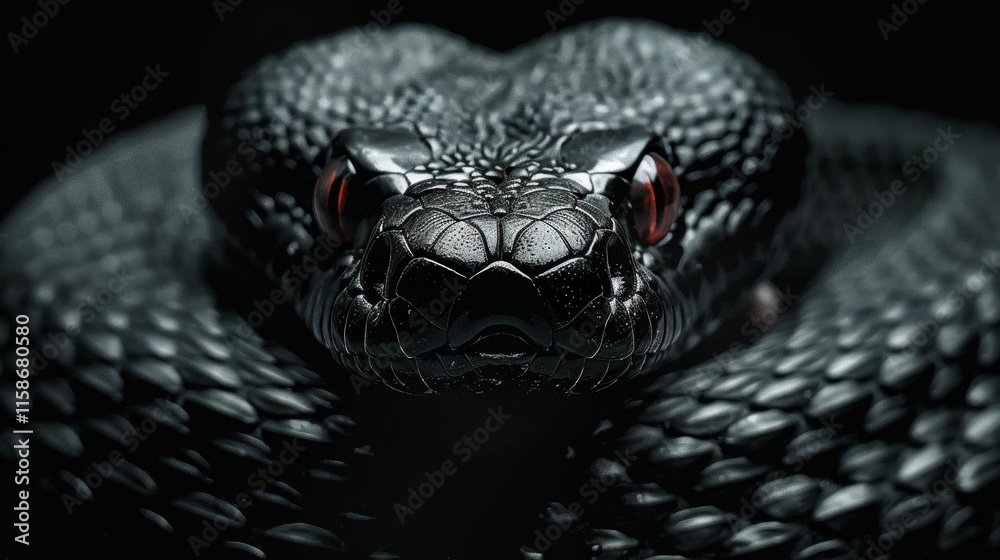 Fototapeta premium A close up of a black snake with red eyes