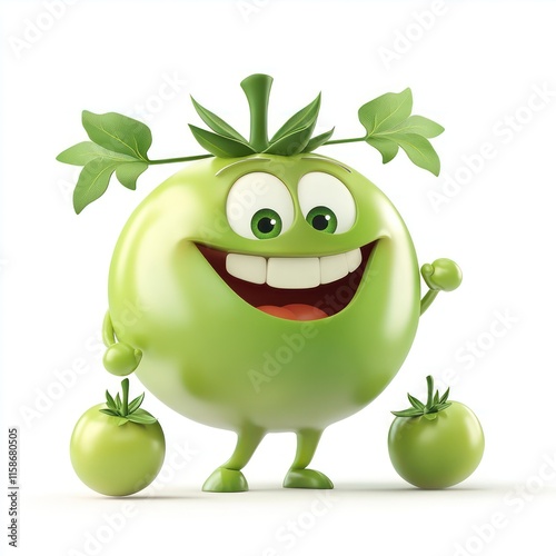 A happy green tomato picker with a smiling face and tomatoes. vector style art 3d illustration Isolated on White Background