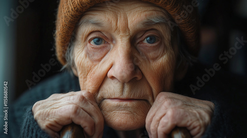 A Holocaust survivor sits by a window, his hands resting on his cheeks, soft natural light highlighting the wrinkles on his face and the depth of his eyes, the atmosphere calm and contemplative.
