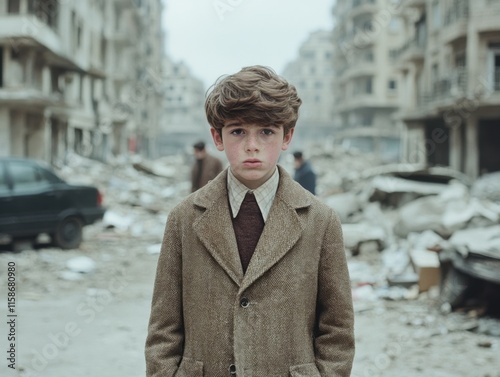 A somber young boy stands alone amidst a scene of urban devastation, conveying a powerful message of vulnerability and resilience against the backdrop of destruction. photo