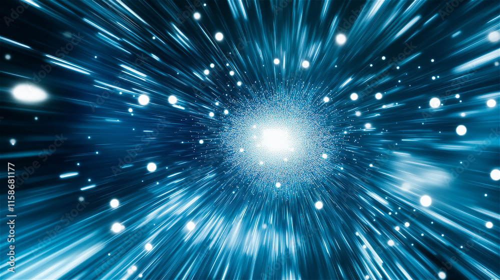 Fototapeta premium Abstract image of glowing, radiating blue particles forming an energetic, cosmic burst. Conceptual representation of space, technology, and energy flow.