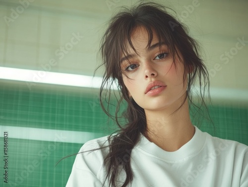 A woman with a pensive expression stands in a softly lit room, wearing a casual white shirt. Her long hair is slightly tousled, complementing her contemplative mood. photo