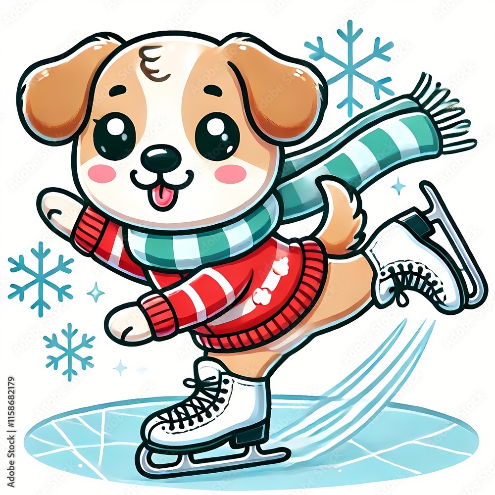 Fototapeta premium Cute Dog Playing Ice Skating Cartoon Vector Icon Illustration