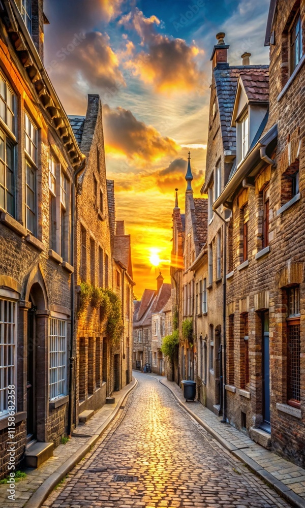Fototapeta premium Tranquil sunrise over a historic cobblestone street lined with elegant old buildings, perfect for nature wallpaper background designs