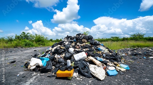 Wallpaper Mural Wide Shot Photo: Immense Pile of Plastic Waste Sadly Accumulates in Rural Field. AI Generated Torontodigital.ca
