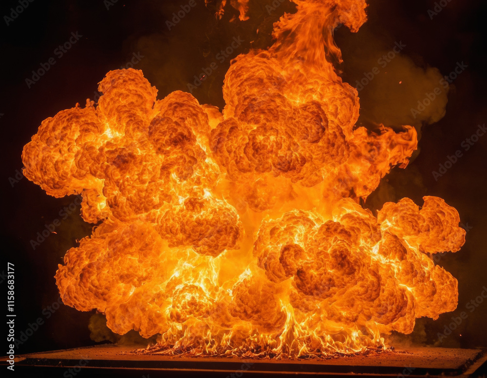 A dramatic fiery explosion with vibrant orange and yellow flames surrounded by smoke, set against a black background A dramatic fiery explosion with vibrant orange and yellow flames surrounded by smoke, set against a black background