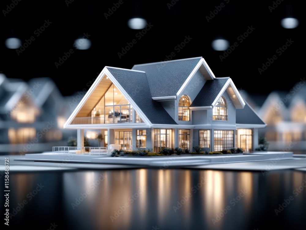 A 3D render of a modern, small living house with large windows and a gabled roof, glowing warmly in a dimly lit environment, creating a cozy atmosphere. A 3D render of a modern, small living house with large windows and a gabled roof, glowing warmly in a dimly lit environment, creating a cozy atmosphere.