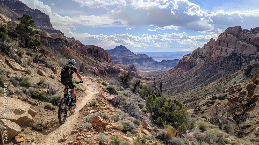A mountain biker riding down a rocky trail with dramatic mountain views, navigating steep descents and sharp turns. A mountain biker riding down a rocky trail with dramatic mountain views, navigating steep descents and sharp turns.