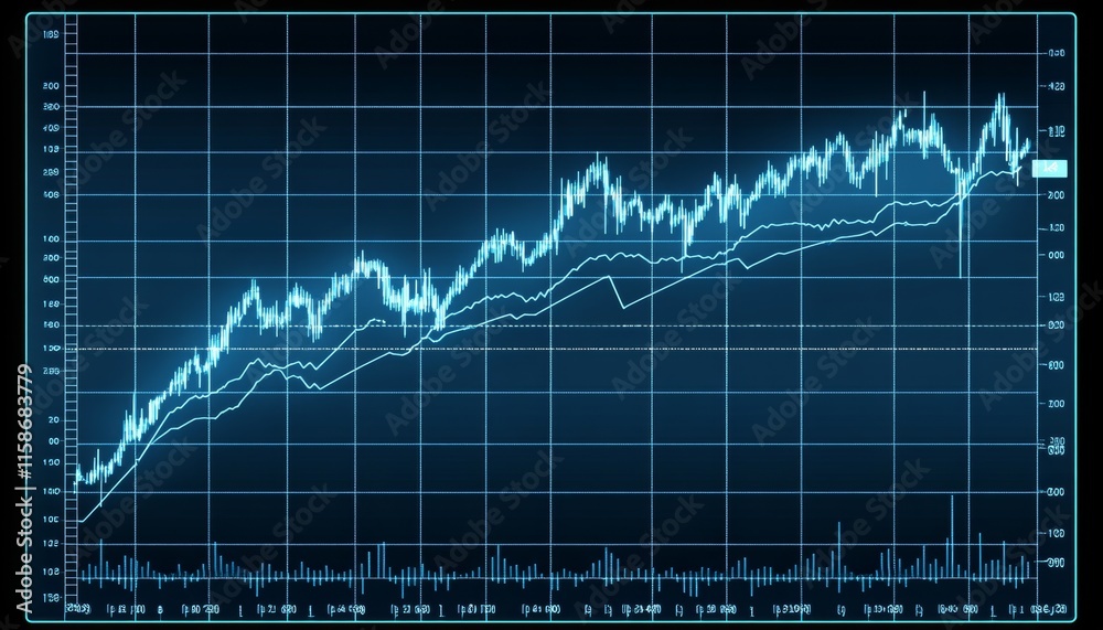 Financial Chart With Uptrend Line Graph Indicating Positive Market Growth On A Blue Background. Financial Chart With Uptrend Line Graph Indicating Positive Market Growth On A Blue Background.