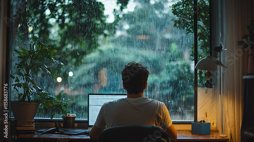 A man is sitting at a desk with a laptop in front of him