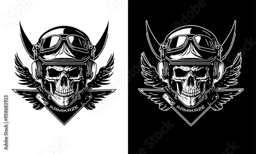 Vintage monochrome pilot skull head and eagle wings, vector illustration