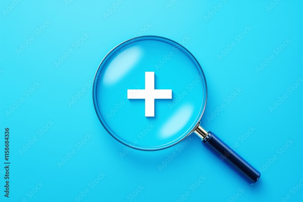 Magnifying glass focusing on a white plus sign, minimalistic style, placed on a vibrant blue background. Concept of search, addition, or focus. Ai generative Magnifying glass focusing on a white plus sign, minimalistic style, placed on a vibrant blue background. Concept of search, addition, or focus. Ai generative