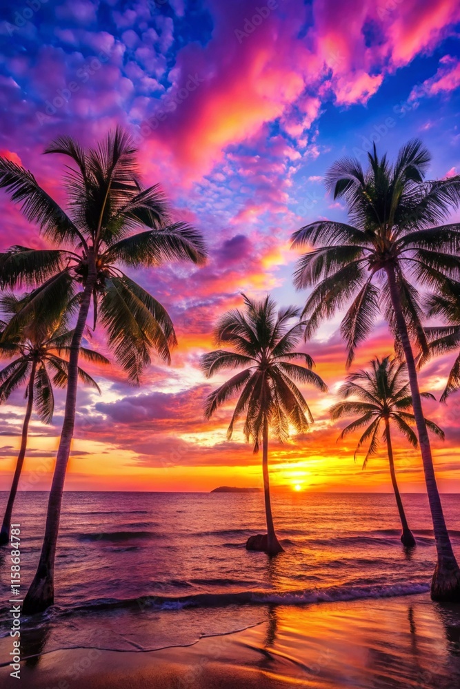 Obraz premium Vibrant tropical sunset with palm trees silhouetted against vivid pink, purple, and orange skies, reflecting on calm ocean waters