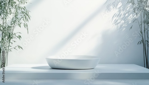 Minimalist White Bowl Bamboo Plants Soft Light Zen Spa Serenity Product Display