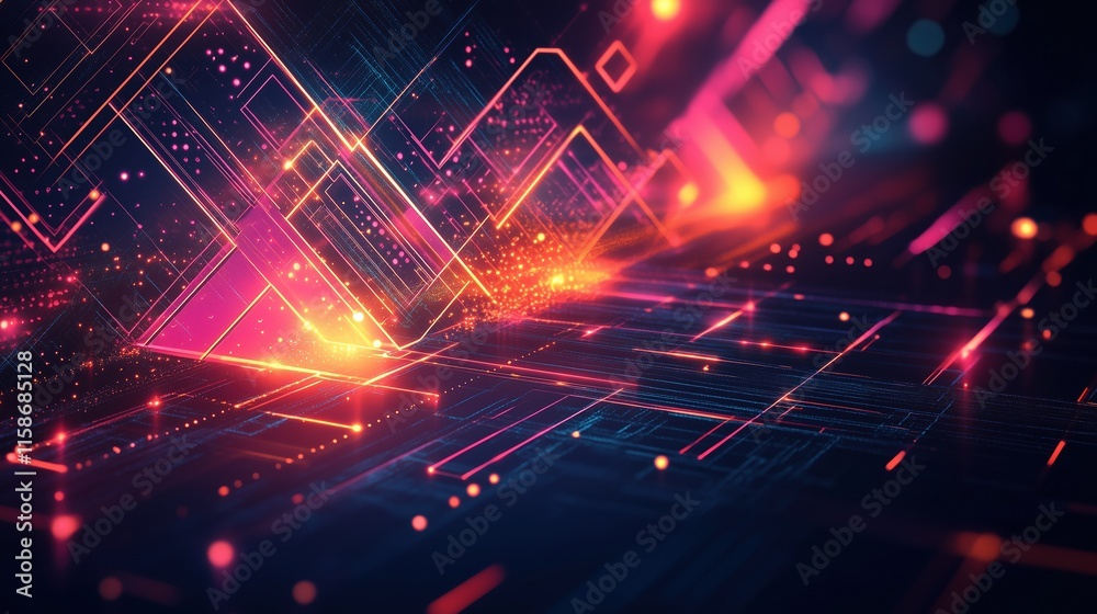 Obraz premium Abstract Digital Neon Lightscape: A Vivid Symphony of Pink, Orange, and Blue
