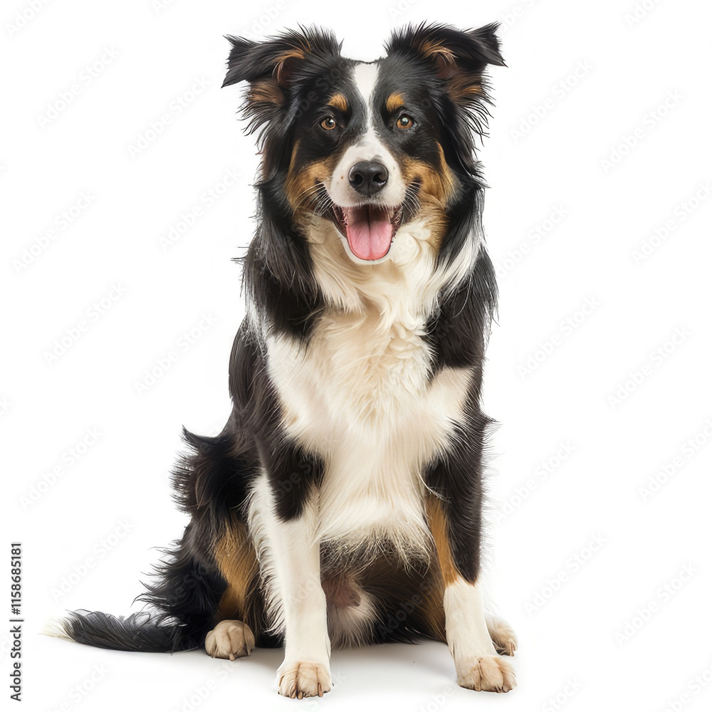 A happy dog sitting and smiling against a white background. A happy dog sitting and smiling against a white background.