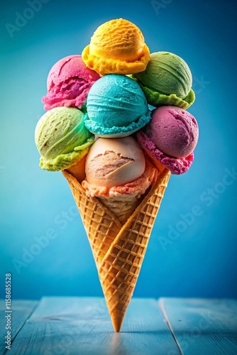 Delicious and refreshing ice cream cone with a rainbow of flavors in scoops, perfect for summer vibes Mobile Wallpaper Background photo