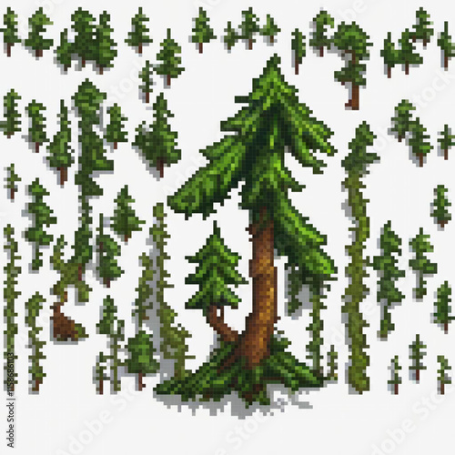 Image showcases pixel art representation forest various tree types large tree snowy background