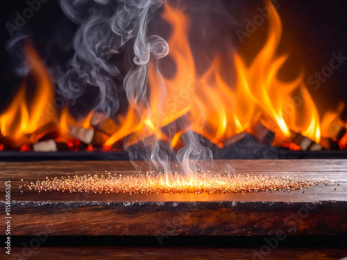 Embers and Smoke on Wooden Surface
